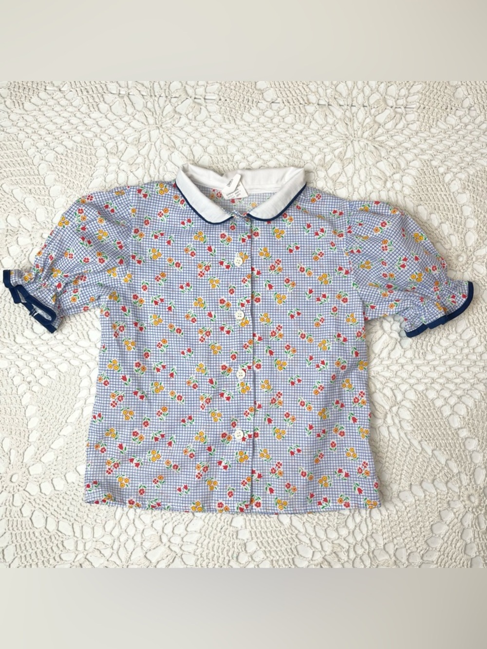Vintage 1980s Sears Girls 6 Years Floral Grid Plaid Collared Puff Sleeve Blouse